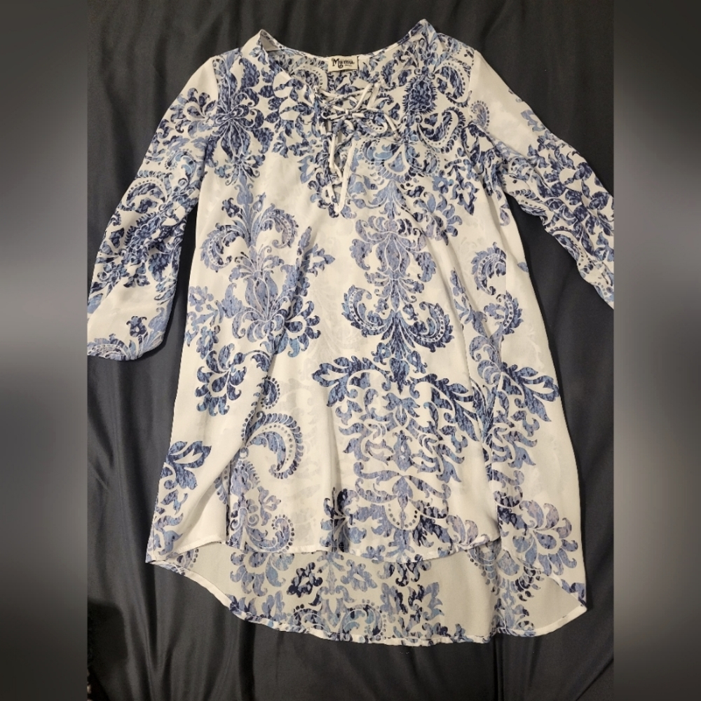 SHOW ME YOUR MUMU womans Small  Blue and White Lulu Tunic bohemian flowy too